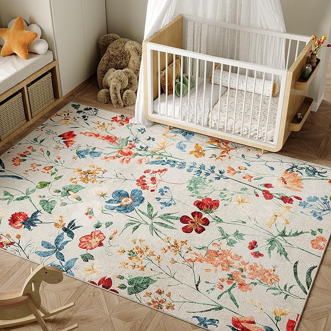 Beige Area Rug 4x6 Office Floral Indoor Door Mat Washable Boho Kitchen Living Room Carpet Non Slip Bedroom Low Pile Lightweight Throw Rug for Dining Room Farmhouse