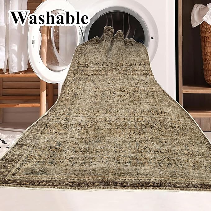 5x7 Washable Area Rug Vintage Brown Traditional Floor Cover Foldable Thin Rug Kitchen Accent Rug Indoor Distressed Non Slip Carpet Floral Print Mat Bedroom Living Room Bathroom