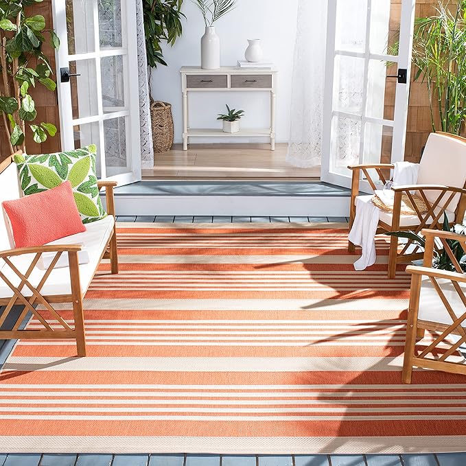 SAFAVIEH Courtyard Collection 6'7" Square Terracotta/Beige CY6062 Stripe Indoor/ Outside Waterproof Easy cleansingPatio Backyard Mudroom Area Mat