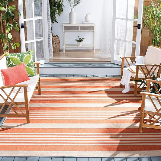 SAFAVIEH Courtyard Collection 6'7" Square Terracotta/Beige CY6062 Stripe Indoor/ Outside Waterproof Easy cleansingPatio Backyard Mudroom Area Mat