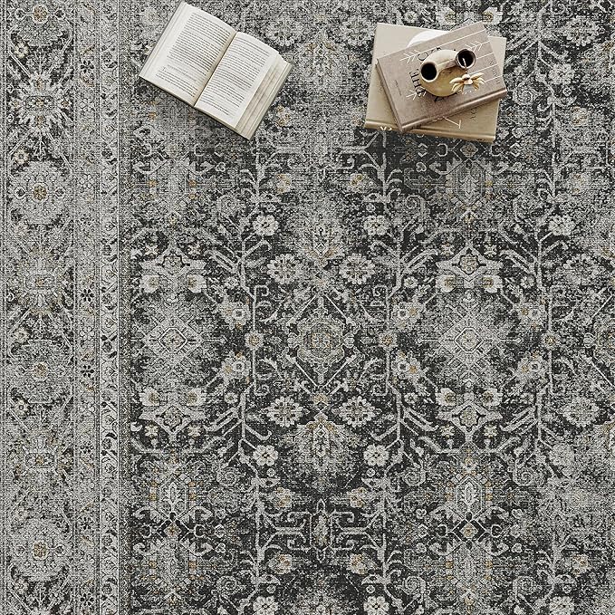 Black Runner Rug 3x12 Vintage Area Carpet Hallway Long Indoor Kitchen Washable Living Room Low Pile Traditional Distressed Retro Accent Throw Rug Non Slip Laundry Bathroom Office Dining Room