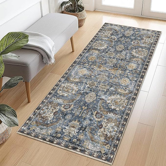 Washable Area Rugs - Perfect for Living Room, Bedroom, Kids Room, Nursery - Stain & Water Resistant Non-Slip, Pet & Child Friendly, Vintage Tribal Area Rugs (Navy, 2'6'' x 8')