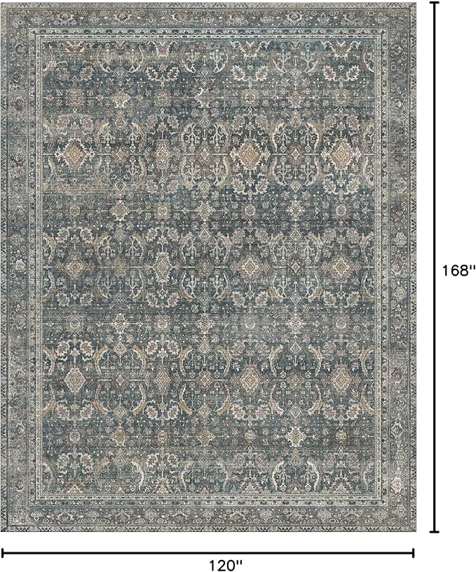 10X14 Area Rugs Machine Washable Rugs for Living Room, Vintage Boho Large Rugs for Bedroom Dining Room, Non Slip Indoor Soft Distressed Lightweight Thin Low Pile Carpet, Deep