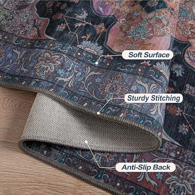 2x10 Washable Runner Rug for Hallways, Non Slip Vintage Runner Soft Low Pile Long Rug Runner, Print Distressed Navy/Mlulti Carpet Runners for Kitchen Bedroom Entryway Bathroom Living Room