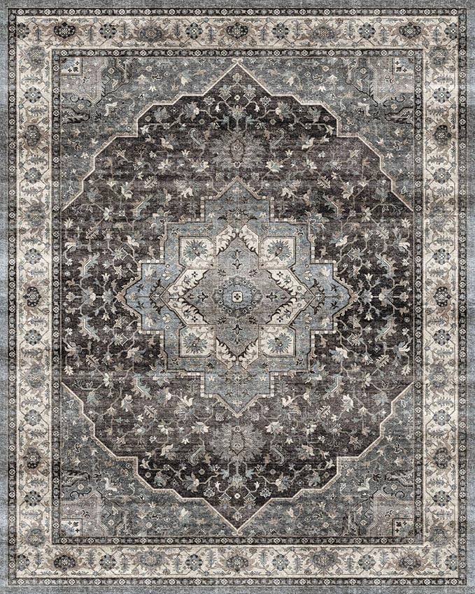Dripex 8x10 Area Rugs,Machine Washable Non Slip Distressed Boho Rugs,Large Area Rug for Bedroom Aesthetic,0.24" Low Pile Lightweight Vintage Rug,Carpet for Living Room Dining Room,Dark Blue and Green