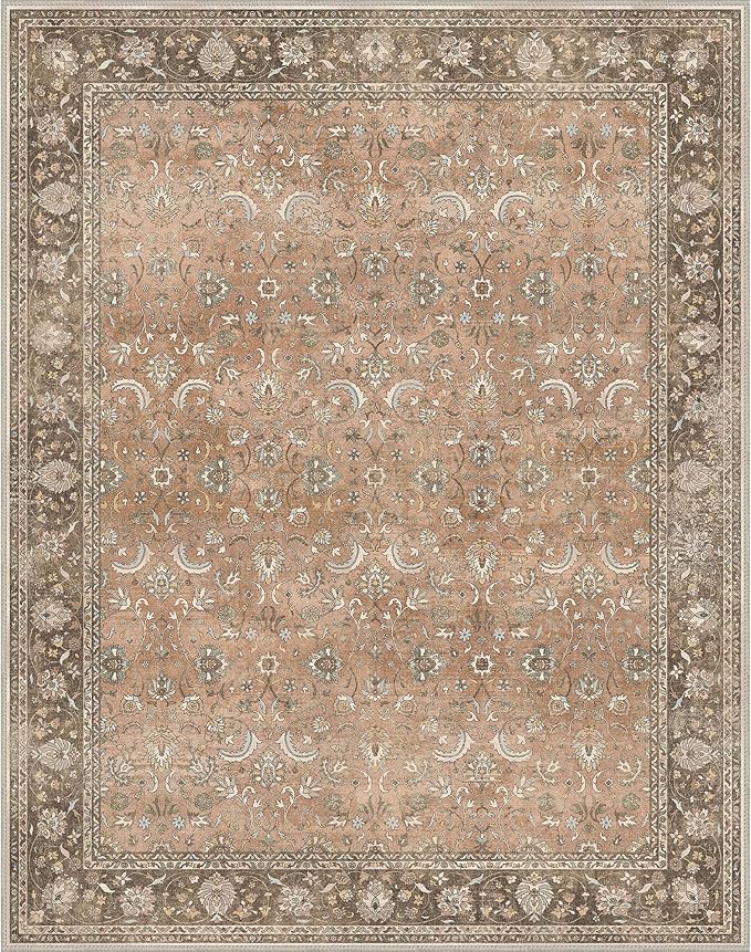 10X12 Area Rugs Machine Washable Rugs for Living Room, Vintage Boho Large Rugs for Bedroom Dining Room, Non Slip Indoor Soft Distressed Lightweight Thin Low Pile Carpet, Chestnut