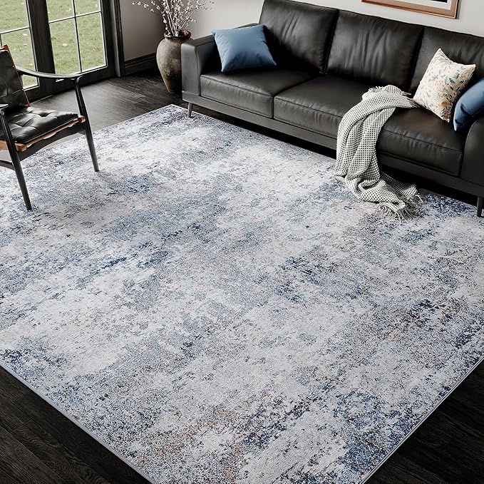 10x14 Washable Rugs Grey Blue Hallway Large Area Rug Indoor Accent Rug Abstract Non Slip Low Pile Carpet Distressed Throw Rug for Bedroom Living Room Office Dining Room Kitchen Laundry Room
