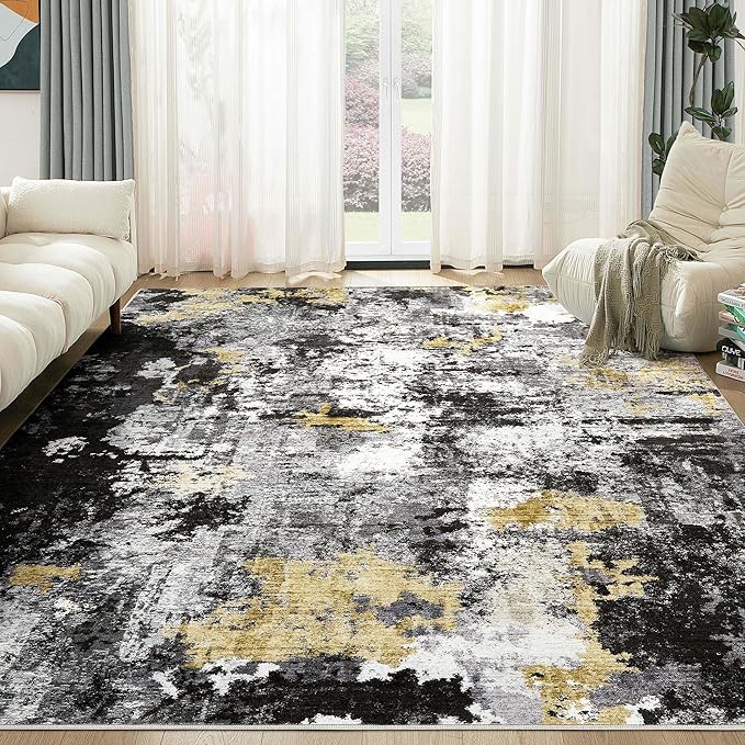 Washable Rug 10x14 Area Rugs for Living Room: Modern Abstract Neutral Soft Large Rug for Bedroom Dining Room Under Kitchen Table Home Office Decor - Black Gold
