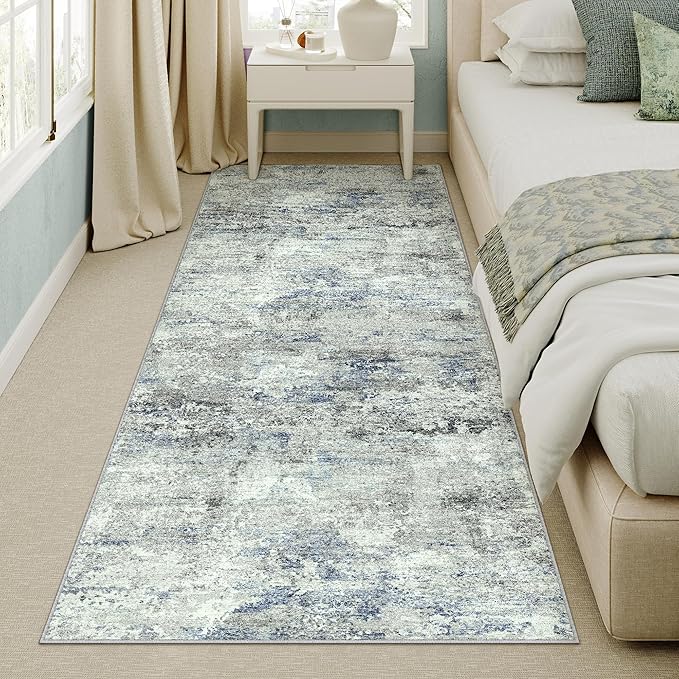 2x6 Runner Rug for Hallways Blue Grey Non Slip Washable Neutral Modern Abstract Indoor Rug Thin Soft Throw Low Pile Kitchen Carpet for Bedside, Bedroom, Bathroom, Entryway