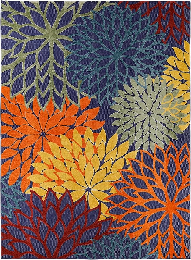 Nourison Aloha Indoor/Outdoor Modern Navy Multicolor 7'10" x 10'6" Area Rug, Easy Cleaning, Non Shedding, Bed Room, Living Room, Dining Room, Backyard, Deck, Patio (8x11)
