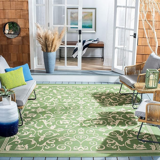 SAFAVIEH Courtyard Collection CY2098 Scroll Indoor/ Outdoor Non-Shedding Easy Cleaning Patio Backyard Porch Deck Mudroom Area Rug, 5'3" Square, Olive / Natural