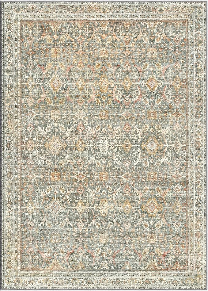 5X7 Area Rugs Machine Washable Rugs for Living Room, Vintage Boho Large Rugs for Bedroom Dining Room, Non Slip Indoor Soft Distressed Lightweight Thin Low Pile Carpet, Turmeric