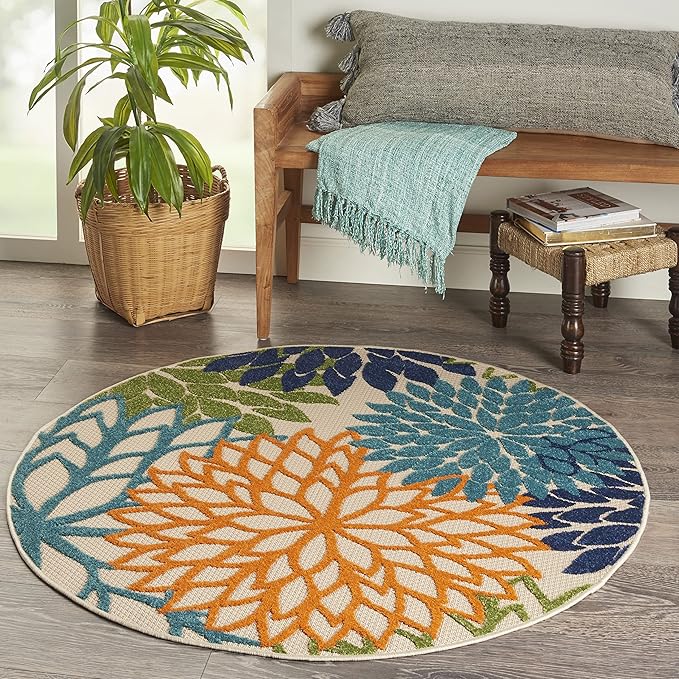 Nourison Aloha Indoor/Outdoor Multicolor 4' x Round Area Rug, Tropical, Botanical, Easy Cleaning, Non Shedding, Bed Room, Living Room, Dining Room, Deck, Backyard, Patio (4 Round)