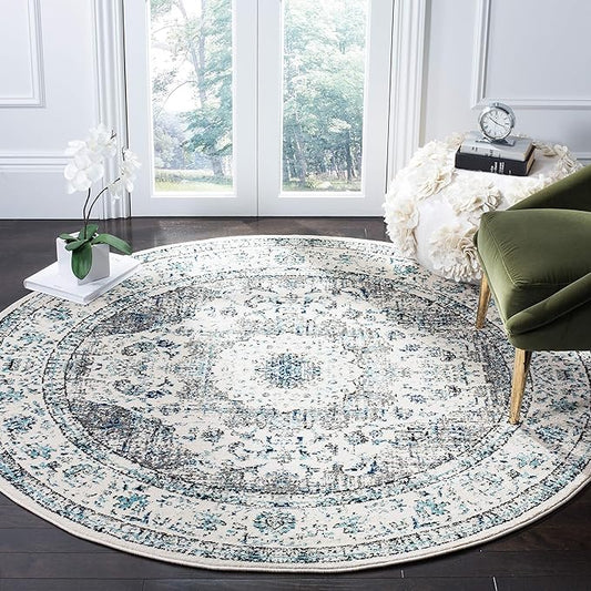SAFAVIEH Evoke Collection 9' Round Ivory/Grey EVK220D Shabby Chic Oriental Medallion Non-Shedding Dining Room Entryway Foyer Living Room Bedroom Area Rug