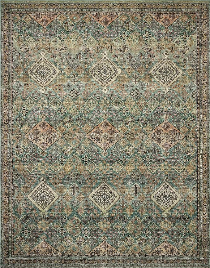 Loloi Magnolia Home by Joanna Gaines Sinclair Collection SIN-03 Turquoise/Multi 7'-6" x 9'-6", .25" Pile Height, Machine Washable, Area Rug