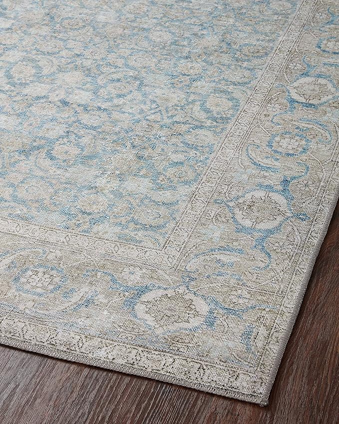 Loloi II Wynter Collection WYN-10 Ocean/Silver 7'-6" x 9'-6", .13" Thick, Area Rug, Soft, Durable, Printed, Vintage Inspired, Low Pile, Non-Shedding, Easy Clean, Living Room Rug