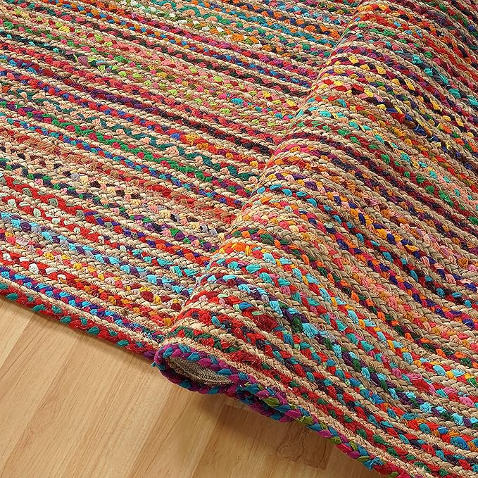 GRUHUM 8x10ft Jute Area Rug Natural Fibre Handmade Boho Farmhouse Soft Braided Chindi Rustic Vintage Rug for Indoor Kitchen Bedroom Living Room Hallways Enterways 8x10 feet Multicolor