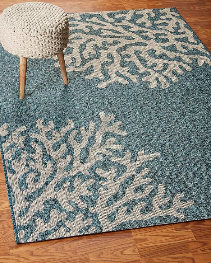 LR Home 5 x 7 Indoor/Outdoor Area Rug for Home Decor | Coastal Reef carpet for living room, bedroom, playroom, patio, garden | Modern farmhouse rug | Blue/Gray