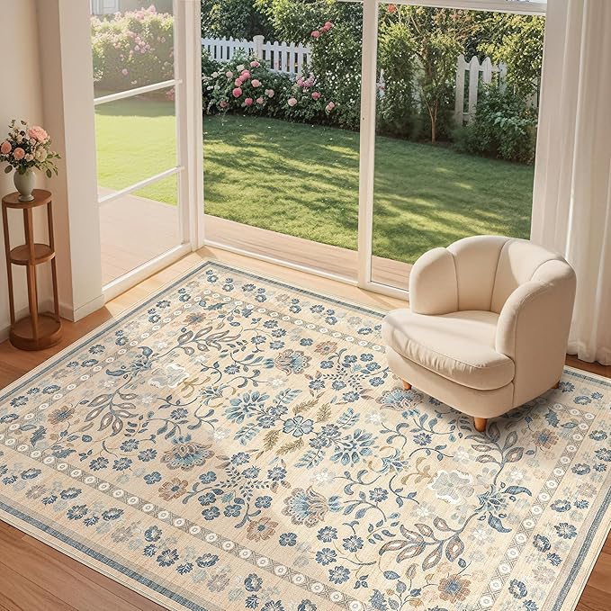 10x14 Area Rug Living Room Rugs - Washable Boho Vintage Floral Large Soft Non Slip Thin Rug Low Pile Carpet for Bedroom Dining Room Kids Playroom Office Decor Indoor- Multi Color