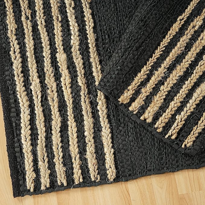 GRUHUM Jute Runner Rug 2'6"x12' ft Natural Fibre Black Rectangular Jute Area Rug Leather Handwoven Boho Farmhouse Braided Rustic Vintage Eco Friendly Rug Kitchen Livingroom Bedroom Hallways Enterways