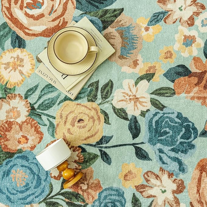 Washable Floral Area Rug 3x5 Green Office Carpet Scalloped Flower Non Slip Soft Entrance Door Mat Farmhouse Low Pile Thin Indoor Floor Cover for Kitchen Bathroom Bedroom Laundry Living Room