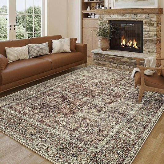 Vintage Area Rug 5x7 Rust Red Washable Living Room Large Carpet Non Slip Bedroom Indoor Office Low Pile Traditional Distressed Retro Accent Rug for Dining Room Bathroom Kitchen