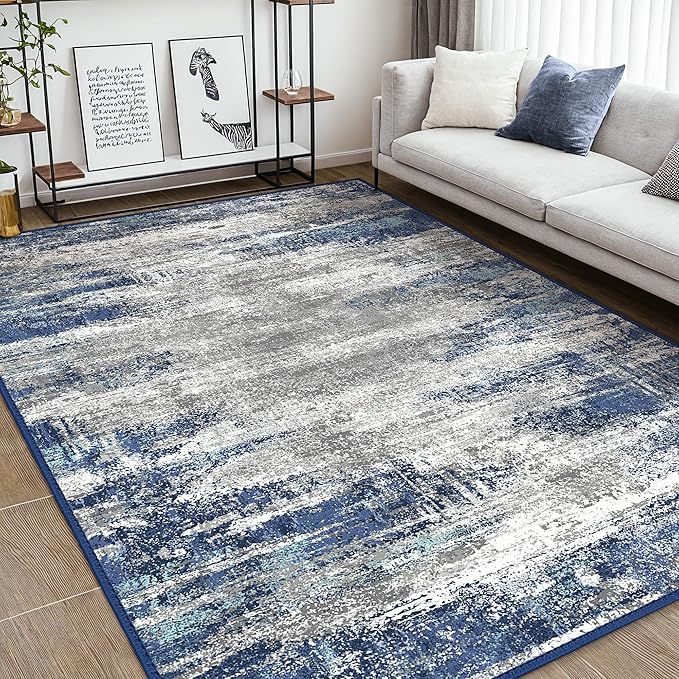 Bavni Area Rugs 9x12 Living Room, Modern Machine Washable Rugs Non-Slip, Abstract Soft Large Rug for Bedroom, Dining Room, Office, Playroom, Blue/Ivory