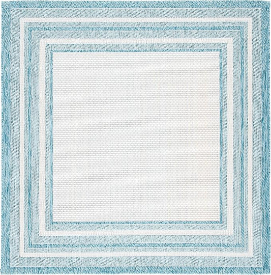 SAFAVIEH Courtyard Collection Area Rug - 9' Square, Ivory & Aqua, Indoor/Outdoor, Weather Resistant & Washable, Ideal for Patio, Backyard, Mudroom, Deck (CY8475)