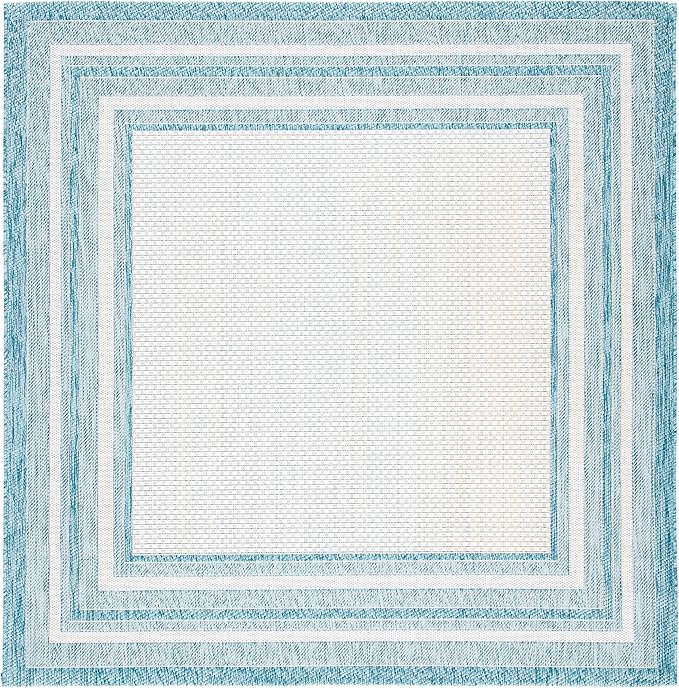 SAFAVIEH Courtyard Collection 6'7" Square Ivory / Aqua CY8475 Indoor-Outdoor Waterproof Easy-Cleaning Patio Backyard Mudroom Area-Rug