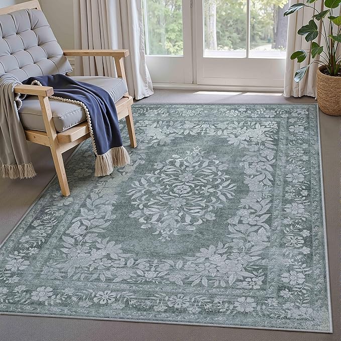 3x5 Area Rug Gray Washable Office Vintage Distressed Carpet Bedroom Indoor Medallion Floral Living Room Non Slip Retro Throw Floor Mat for Dining Room Kitchen Bathroom