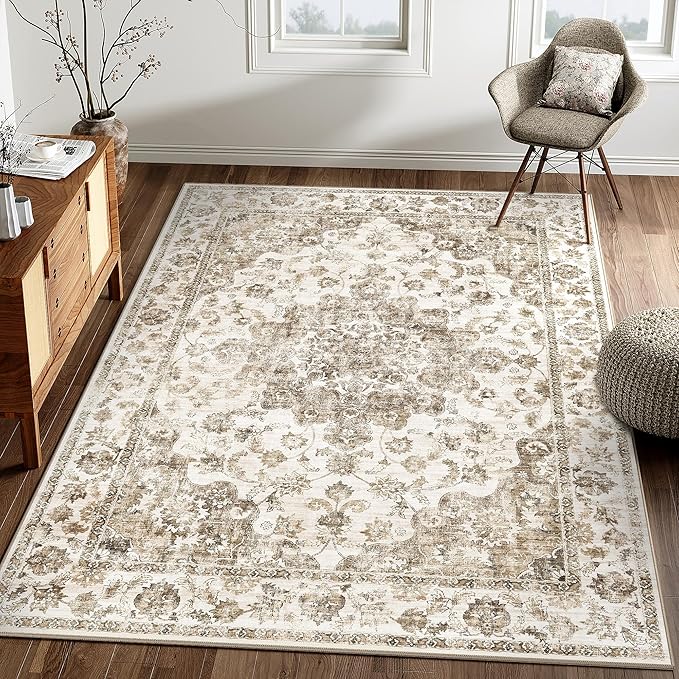 5x7 Washable Neutral Area Rug Brown Floral Living Room Bedroom Carpet Non-Slip Low Pile Vintage Soft Thin Throw Rug for Dining Room Entryway Dorm Office Kitchen Bathroom