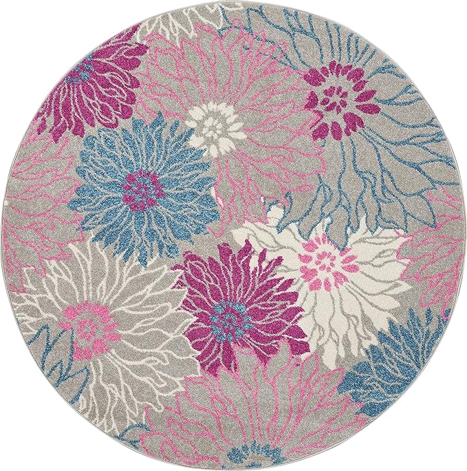 Nourison Passion Grey 4' x Round Area Rug, Floral, Farmhouse, Easy Cleaning, Non Shedding, Bed Room, Living Room, Dining Room, Kitchen, (4' Round)