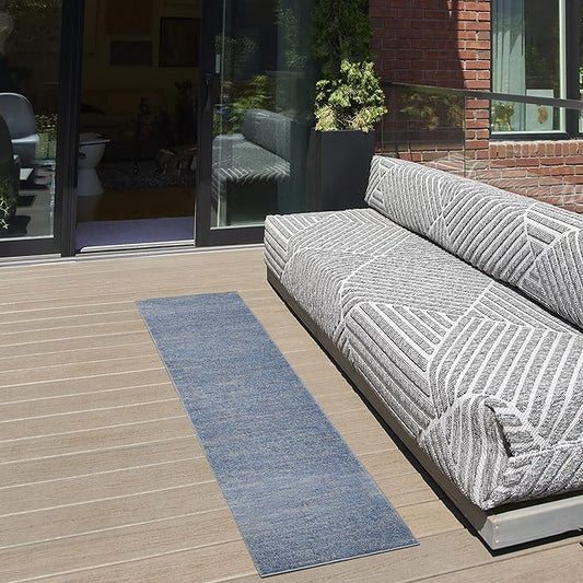 Nourison Essentials Indoor/Outdoor Blue/Grey 2'2" x 7'6" Area Rug, Easy Cleaning, Non Shedding, Bed Room, Living Room, Dining Room, Backyard, Deck, Patio (2x8)