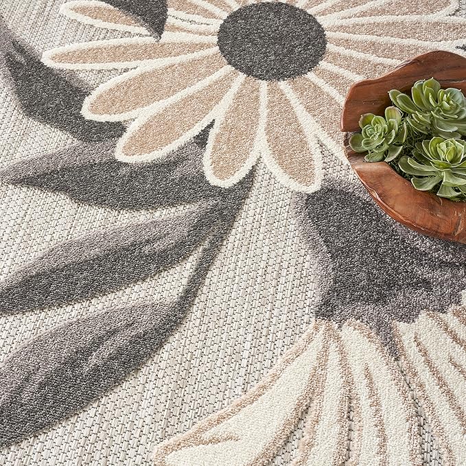Nourison Aloha Outdoor Beige 5'3" x Round Area Rug, Easy Cleaning, Non Shedding, Bed Room, Living Room, Dining Room, Deck, Backyard, Patio (5 Round)
