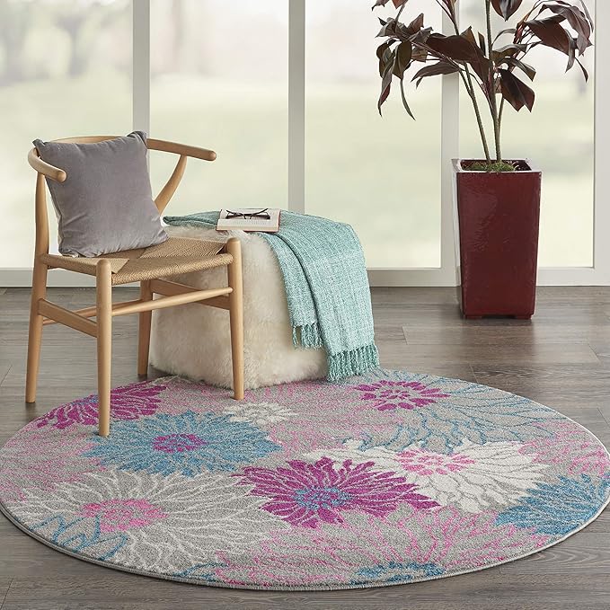Nourison Passion Grey 4' x Round Area Rug, Floral, Farmhouse, Easy Cleaning, Non Shedding, Bed Room, Living Room, Dining Room, Kitchen, (4' Round)