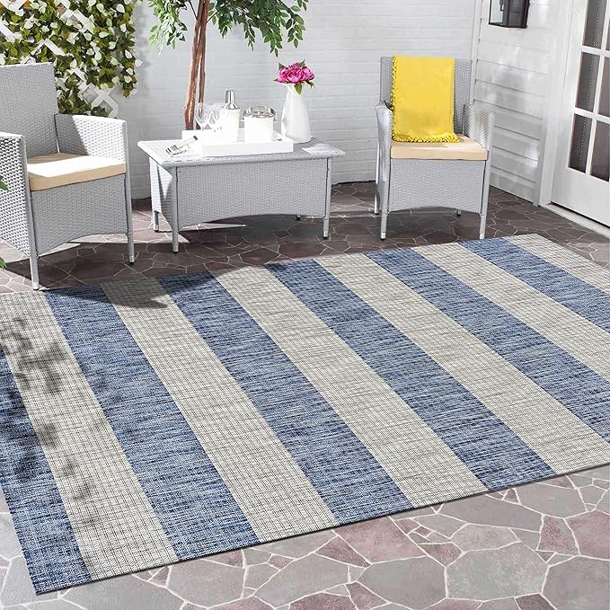 LR Home 8 x 10 Indoor / Outdoor Area Rug for Home Decor | Coastal Striped large size carpet for living room, bedroom, playroom, patio, garden | Modern farmhouse rug | Navy / Gray