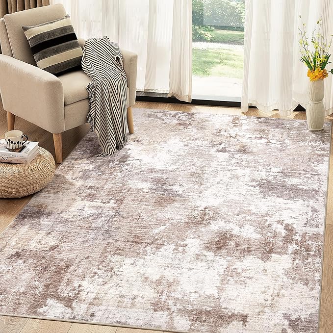 Washable Rug 5x7 Area Rugs for Living Room: Modern Abstract Neutral Soft Rug for Bedroom Dining Room Under Kitchen Table Home Office Decor - Brown