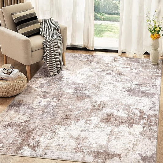 Washable Rug 5x7 Area Rugs for Living Room: Modern Abstract Neutral Soft Rug for Bedroom Dining Room Under Kitchen Table Home Office Decor - Brown