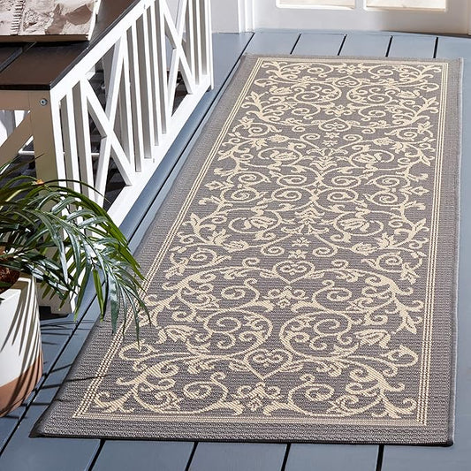 SAFAVIEH Courtyard Collection Runner Rug - 2'3" x 8', Grey & Natural, Scroll Design, Non-Shedding & Easy Care, Indoor/Outdoor & Washable-Ideal for Patio, Backyard, Mudroom (CY2098-3606)