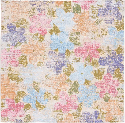 SAFAVIEH Summer Collection Area Rug - 6'7" Square, Blue & Pink, Boho Design, Non-Shedding & Easy Care, Indoor/Outdoor & Washable-Ideal for Patio, Backyard, Mudroom (SMR410M)