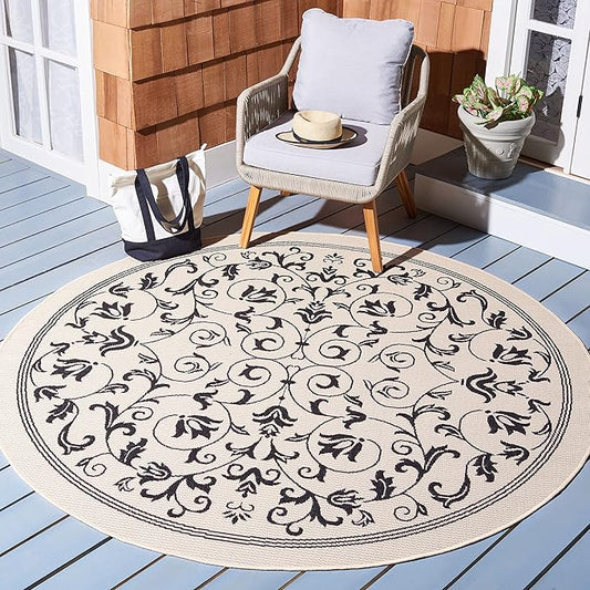 SAFAVIEH Courtyard Collection 5'3" Round Sand / Black CY2098 Scroll Indoor/ -Outdoor--Waterproof Easy--Cleaning Patio Backyard Mudroom Area--Rug