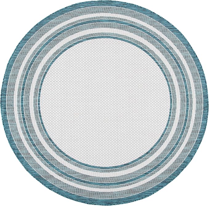 SAFAVIEH Courtyard Collection Area Rug - 7'10" Round, Ivory & Teal, Indoor/Outdoor, Weather Resistant & Washable, Ideal for Patio, Backyard, Mudroom, Deck (CY8475)