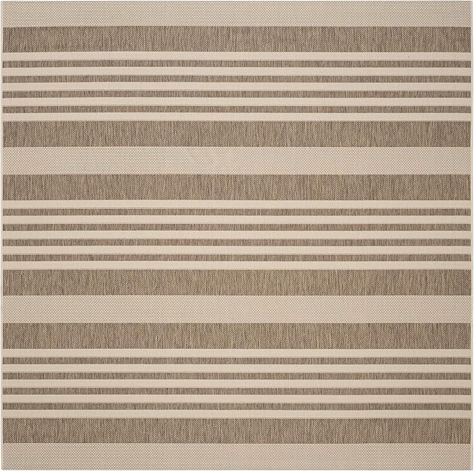 SAFAVIEH Courtyard Collection 5'3' Square Brown/Bone CY6062 Stripe Indoor/ Outdoor Patio Backyard Mudroom Area Rug