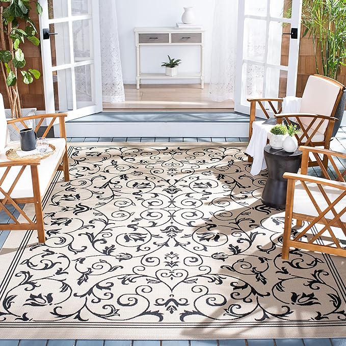 SAFAVIEH Courtyard Collection Area Rug - 9' x 12', Sand & Black, Scroll Design, Non-Shedding & Easy Care, Indoor/Outdoor & Washable-Ideal for Patio, Backyard, Mudroom (CY2098-3901)