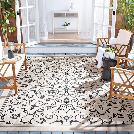 SAFAVIEH Courtyard Collection Area Rug - 6'7" Square, Sand & Black, Scroll Design, Non-Shedding & Easy Care, Indoor/Outdoor & Washable-Ideal for Patio, Backyard, Mudroom (CY2098-3901)