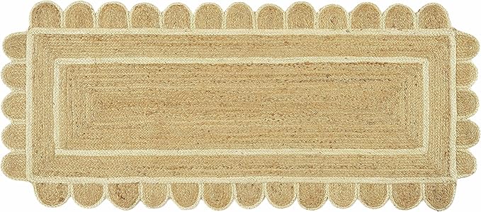 GRUHUM Scalloped Jute Area Rug 2'6"x6'ft Natural Base Off White Trim Handwoven Runner Reversible Soft Braided Farmhouse Jute Runner Rug Indoor EcoFriendly Livingroom Bedroom Kitchen Hallways Enterways