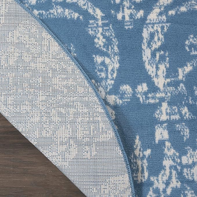 Nourison Jubilant Damask Blue 5'3" x Round Area -Rug, Easy -Cleaning, Non Shedding, Bed Room, Living Room, Dining Room, Kitchen (5 Round)