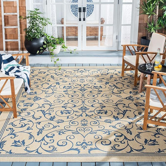 SAFAVIEH Courtyard Collection Area Rug - 9' x 12', Natural & Blue, Scroll Design, Non-Shedding & Easy Care, Indoor/Outdoor & Washable-Ideal for Patio, Backyard, Mudroom (CY2098-3101)