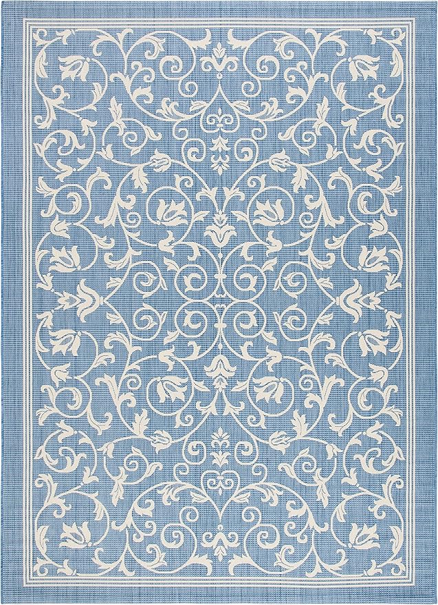 SAFAVIEH Courtyard Collection 9' x 12' Blue / Natural CY2098 Scroll Indoor/ Outdoor Waterproof Easy-Cleaning Patio Backyard Mudroom Area-Rug
