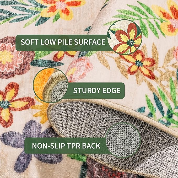 2x3 Washable Indoor Door Mat - Boho Beige Floral Rugs for Entryway, Soft Small Area Rug, Non-Slip Low-Pile Thin Door Mat for Inside Entry, Rugs for Indoor Front Entrance Kitchen Bathroom